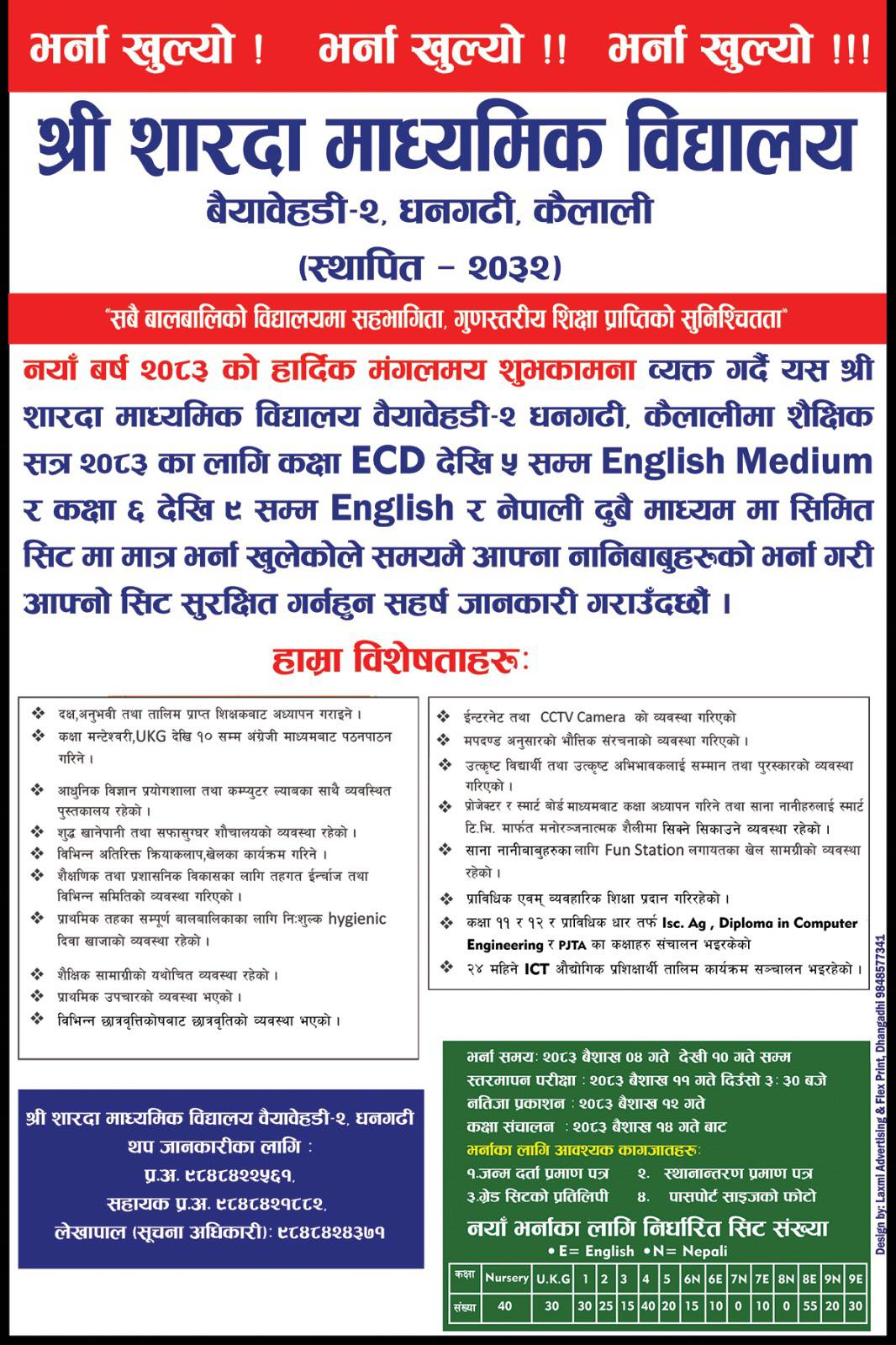 भर्ना सम्बन्धी सूचना ।